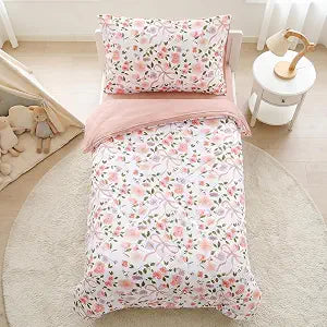TANOFAR Floral Toddler Bedding Set for Girls, 4 Pieces Soft Microfiber Crib Bed Set Including Reversible Comforter, Fitted Sheet, Flat Sheet and Pillowcase, Pink Bow