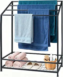 Hjarta Extra Wide 31.5 Inch Standing Towel Rack, Tall 40 Inch Free Standing Towel Rack with Storage Shelf, 4 Tier Towel Stand for Bathroom Outdoor Poolside