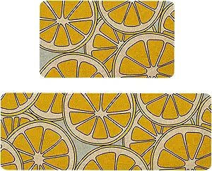 Mloabuc Yellow Lemon Decorative Kitchen Mats Set of 2, Anti Fatigue Waterproof Stain Resistant Floor Rug Non Slip Cushioned Floor Mat - 17x29 and 17x47 Inch