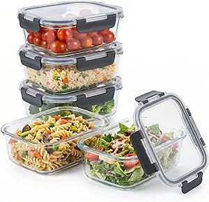 5 Pack Glass Meal Prep Containers 35oz, High Borosilicate Glass Food Storage Containers with Black PP Lids, Airtight Leakproof Lunch Boxes, Microwave, Oven, Dishwasher, Freezer Safe