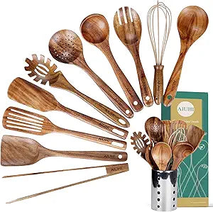 Kitchen Utenails Set with Holder,Kitchen Wooden Utensils for Cooking, Wood Utensil Natural Teak Wood Spoons for Cooking,Wooden Kitchen Utensil Set With Spatula and Ladle (11)