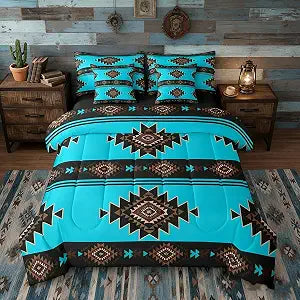 Queen Western Aztec Bedding Set 7 Piece, Native American Navajo Sheet Sets For Boys Adult Teens, Southwestern Geometric Comforter Set Ethnic American Native Bed In A Bag Rustic Farmhouse Decor, Blue