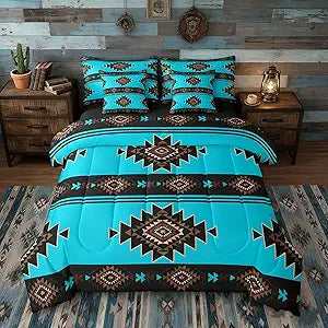 Queen Western Aztec Bedding Set 7 Piece, Native American Navajo Sheet Sets For Boys Adult Teens, Southwestern Geometric Comforter Set Ethnic American Native Bed In A Bag Rustic Farmhouse Decor, Blue