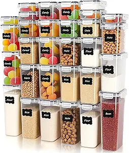 30 PCS Airtight Food Storage Containers with Lids, BPA Free Clear Plastic Kitchen and Pantry Organization and Storage Set for Flour, Sugar, Cereal, Pasta, Includes 30 Labels and Marker