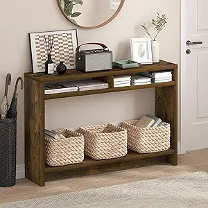 Furinno Viola Entryway Table, 3-Tier Narrow Console Table with Extra Thick Frame and Storage Shelf, 47.2" Wide Sofa Table, for Living Room, Home Office, Entryway, Amber Pine
