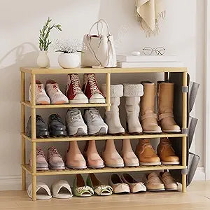 Bamboo Shoe Rack, 4 Tiers Shoe Organizer for Closet, Shoes Storage for 20-24 Pairs, Freestanding Shoe Shelf with Removable Pocket for Entryway Bedroom Front Door Dorm