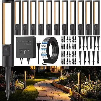 Low Voltage Landscape Lighting Kit, 5W LED Pathway Lights Wired with 150W Transformer & 100FT Wire, 2700K IP66 Waterproof Outdoor Landscape Lights for Garden Yard Walkway (12 Pack)
