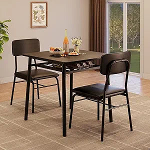 Modern 3-Piece Dining Table Set for 2, Compact Kitchen Table with Storage Rack & 2 Upholstered Chairs, Industrial Style Furniture for Small Spaces, Apartments & Breakfast Nooks, Black