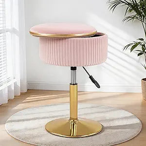 LITZFUR Adjustable Vanity Stool with Storage, 360 Swivel Gold Chair, Velvet Small Round Ottoman Footrest for Bathroom, Makeup Room, Pink