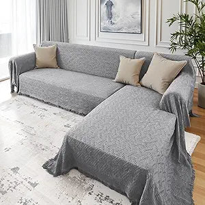 Rose Home Fashion Geometric Jacquard Sectional Couch Covers for Sectional Sofa - 2 Pieces Washable L Shape Couch Cover Blanket with Tassels, Furniture Protector for Dogs (XX-Large, Light Gray)
