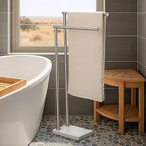 No Wobble Free Standing Towel Racks with 3X Thick Natural Marble Weighted Base, KES 2-Tier Towel Rack Stand for Bathroom Floor, Upgraded Steady Design, 18/8 Stainless Steel, Brushed Finish, BTH235A-2