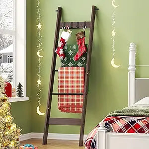 Hzuaneri Blanket Ladder for Living Room, Decorative Quilt Rack with 4 Removable Hooks, 5-Tier Farmhouse Ladder Holder Shelf Organizer for Bedroom, Black Tea Brown and Black BR02120B