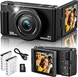 True 5K Digital Camera for Photography, Autofocus 80MP with 18X Digital Zoom 3" 270Flip Screen Dual-Lens Selfie Camera for YouTube Vlogging & Content Creation, 2 Batteries, 32GB Card & FlashBlack