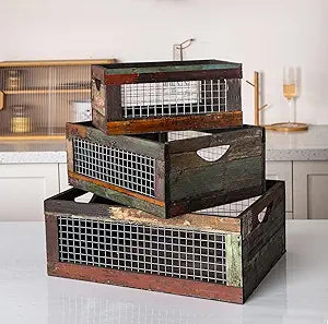 TIMRIS Set of 3 Rustic Wood Nesting Crates, Farmhouse Distressed Wooden Storage Boxes, Decorative Reclaimed Wood Organizer Baskets with Wire Mesh (Random)
