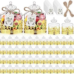 Jingmore 60 Sets Mini Crown Candy Boxes with Thank You Tags and Twine Plastic Candy Containers Storage Boxes Decorative for Wedding Baby Shower Party Princess Birthday Supplies (Gold)