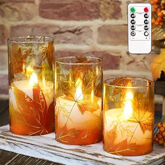 Fall Decor Flameless Candles Maple Leave Battery Operated with Remote Set of 3 Glass Realistic LED Flickering Real Wax Pillar Candles for Autumn Harvest Thanksgiving Boho Home Indoor Decor