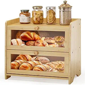 JANSNIMEN Double Layer Bread Box for Kitchen Countertop, Large Breadbox Bread Container Storage with Acrylic Door, Wooden Farmhouse Bread Holder (Bamboo, Medim-15.7" L x 9.5" W x 13" H)