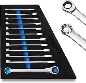 toolant 12pcs Ratcheting Wrench Set, Offset Head Double Box-End Ratcheting Wrench Set, 8-19mm Metric Set, 90-Tooth and 4 Swing, with Storage Tray