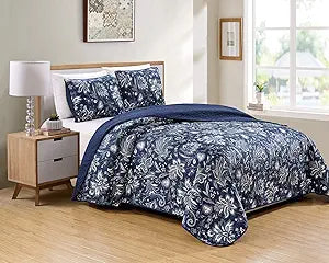 Luxury Home Collection 3 Piece Full/Queen Quilted Reversible Coverlet Bedspread Set Floral Printed Navy Blue White Gray