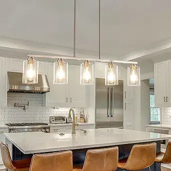 Mecgirn Island Light for Kitchen, Brushed Nickel Dining Room Light Fixture Over Table, 5-Light Linear Chandelier Pendant Lighting for Dining Table Kitchen Island Living Room