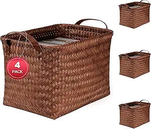 15L Laundry Baskets Waterproof Storage Baskets For Shelves Large Laundry Hamper With Leather Handle -set of 4 Cube Organizers Woven Bins for Bathroom,Bedroom,Pantry,Clothes,Car & Towels-Brown