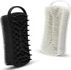 MtBoi 2 PC Silicone Body Scrubber, 2 in 1 Exfoliating Shower Bath Scrubber, Soft Silicone Loofah for Sensitive Skin, Shower Hair Scalp Massager, Easy to Clean, Lather Well (Grey&Black)