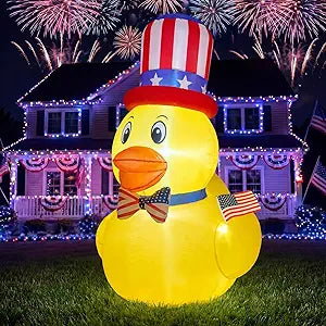 Arrowbash 4 ft Independence Day Inflatable Decoration Outdoor Duck 4th of July Inflatable with Build-in LED Lights Giant Patriotic Memorial Day 250th Anniversary Blow up Duck with Hat for Yard(Flag)