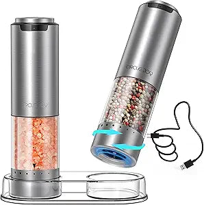 CIRCLE JOY Rechargeable Electric Salt and Pepper Grinder Set with Base, Stainless Steel Pepper Mills with 95ml Container, White LED Light and External Adjustable Coarseness, Silver