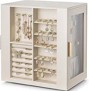 VLANDO 360 Rotating Jewelry Box with 5 Drawers, Large Jewelry Storage with 2 Glass Window, PU Leather Jewelry Organizer for Bracelets, Necklaces, Earrings, Rings - Cloud White