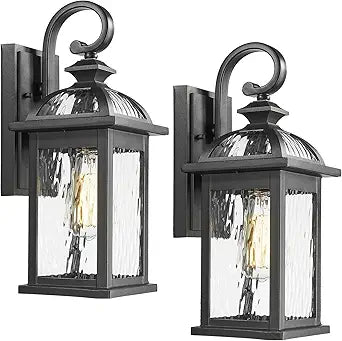 Darkaway Outdoor Lights Fixture Wall Mount, Exterior Wall Light with Water Ripple Glass Waterproof Black Outside Wall Sconce for House Porch Hallway Garage