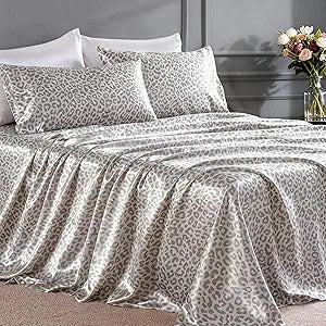 FreshCulture Satin Sheets Queen Size Bed Set- 4 Piece Luxury Soft Silky Queen Sheet Set, Similar to Silk Bed Sheets with 1 Deep Pocket Fitted Sheet, 1 Flat Sheet & 2 Pillowcases (Leopard)