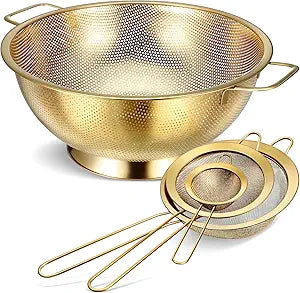 Norme 5 Quart Stainless Steel Gold Colander and 3 Pcs Gold Fine Mesh Strainer, Stainless Steel Pasta Rice Food Metal Strainer with Handles, Easy Clean and Dishwasher Safe