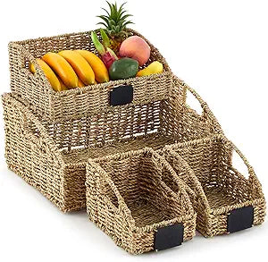 Wonderjune 4 Pcs Natural Seagrass Storage Baskets Set Stackable Handwoven Wicker Storage Bins with Chalkboard Label Built-in Handles Woven Container Basket Kitchen Baskets for Shelves