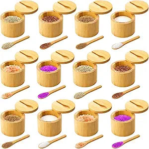 Honeydak 12 Pcs 6oz Bamboo Salt Cellar Salt Container with Magnetic Swivel Lid & Spoon Bamboo Storage Box Kitchen Holder Jar to Storage Pepper Spice Sea Sugar for Countertop (1 Compartment)