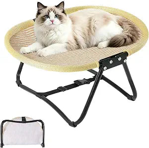 Elevated Cat Hammock Bed, Foldable No-Assembly Cat Bed with Breathable Mesh for Indoors & Outdoors, Lightweight Raised Pet Cot for Cats, Kittens, Small Dogs, Travel & Camping(Natural Linen)