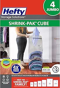 Hefty Shrink-Pak Vacuum Storage Bags  For Clothes, Pillows, Towels, Blankets & More  Space Saver Vacuum Suction Sealer Bags for Home or Travel  4 Jumbo Cubes, 43.5 x 34 x 18 Inches