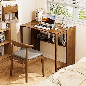 Bamboo Folding Desk for Small Spaces, Mid Century Small Computer Foldable Desk for Bedroom Home Office, Space Saving Sofa Table for Couch, Writing Work Office Desk,Brown