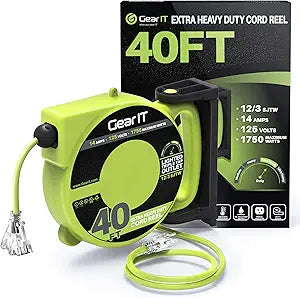 GEARit 40ft 12 Gauge Retractable Extension Cord Reel, 12/3 AWG SJTW Heavy Duty Power Cord, 3 Outlets, LED Indicator, 14A Breaker, 180 Swivel Wall/Ceiling Mount for Garage Tools