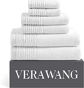 Vera Wang - Bath Towels, Plush Cotton Bathroom Towels with Zero Twist Design, Highly Absorbent & Low-Lint, Set of 6 (Sculpted Pleat White)
