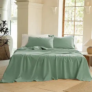 BISELINA 100% Washed Cotton Sheet Set Queen Size 4 Pieces Soft Breathable Durable Chic Bedding Set for All Season - Grayish Green, Queen