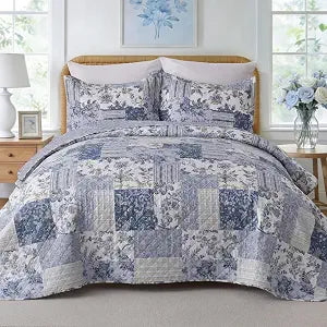 GOONE XL Queen Quilt Set, Blue and White Floral, Reversible, 90" �� 96"