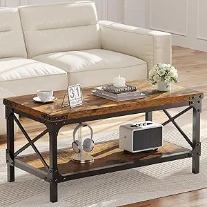 Rectangle Coffee Tables for Living Room, Wood Rectangular Coffee Table, 2 Tier Industrial Modern Center Table with Thickened Tabletop and Metal Frame, 40 inch Long (Rustic Brown)