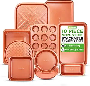 NutriChef 10-Piece Oven Baking Pans Set - Deluxe Carbon Steel Bakeware Set with Non-stick Gray Coating Inside and Out, Dishwasher Safe & PFOA, PFOS, PTFE Free