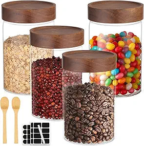 Glass Jar with Wood Lid, 4 Pack 29oz Glass Jars with Airtight Screw Lids, Wide Mouth Coffee and Sugar Containers, Clear Food Storage Canister for Flour, Tea, Oatmeal, Seasoning, Cookie, Candy