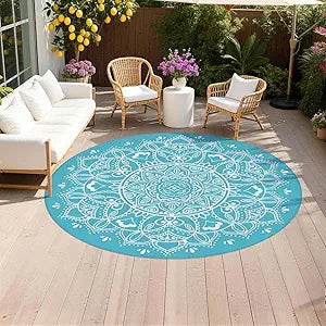 Pauwer Waterproof Outdoor Rug 8ft, Reversible Plastic Straw Patio Camping Rug, Indoor Outdoor RV Mat Carpet for Deck, Camper, Porch, Balcony, Backyard, Picnic, Floral Teal