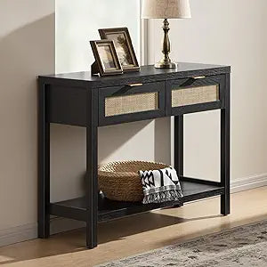 SICOTAS Black Console Table with Rattan Drawers - Boho Rattan Entryway Table with Storage, Small Console Tables for Entryway, Entry Table for Hallway, Sofa Table