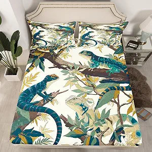 Lizard Kids Fitted Sheet Twin Size,Tree Branches Botanical Leaves Bedding Set,Boys Girls Room Decor,Wildlife Reptile Animals Rustic Bed Cover,Blue Green Retro Bed Sheet,1 Pillowcase