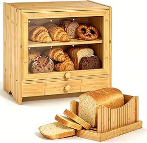 Extra Large Bread Box with Slicer 2 Tier for Homemade Bread, Bamboo Wood Bread Box with Cutting Board, Bread Storage Container Bin with Acrylic Window for Kitchen Countertop