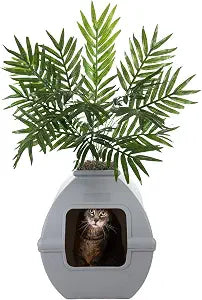 Good Pet Stuff Courtyard Hidden Litter Box Planter, Decorative Cat Litter Enclosure with Carbon Filter, Artificial Palm Plant, Square Design, Easy to Clean, Base Kit, Stone Gray