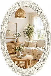 26" x 39" Oval Wall Mirror, Handwoven Natural Corn Husk Fiber with Light Whitewashed Finish, Boho Coastal Style for Entryway, Bedroom, Living Room, Vertical & Horizontal Hanging